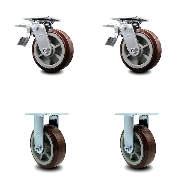 6 Inch Polyurethane Caster Set with Ball Bearing 2 Brakes 2 Rigid